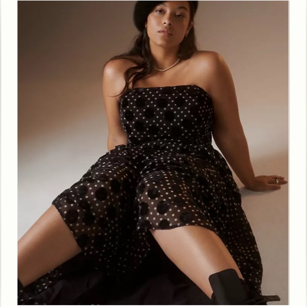Anthropologie Hutch NWT Velvet Maxi Dress Size 4 Black White Polka Dot Strapless - Picture 3 of 16
